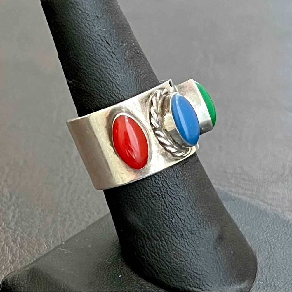 Vintage Taxco Mexico sterling silver multi stone chunky ring - Picture 3 of 11